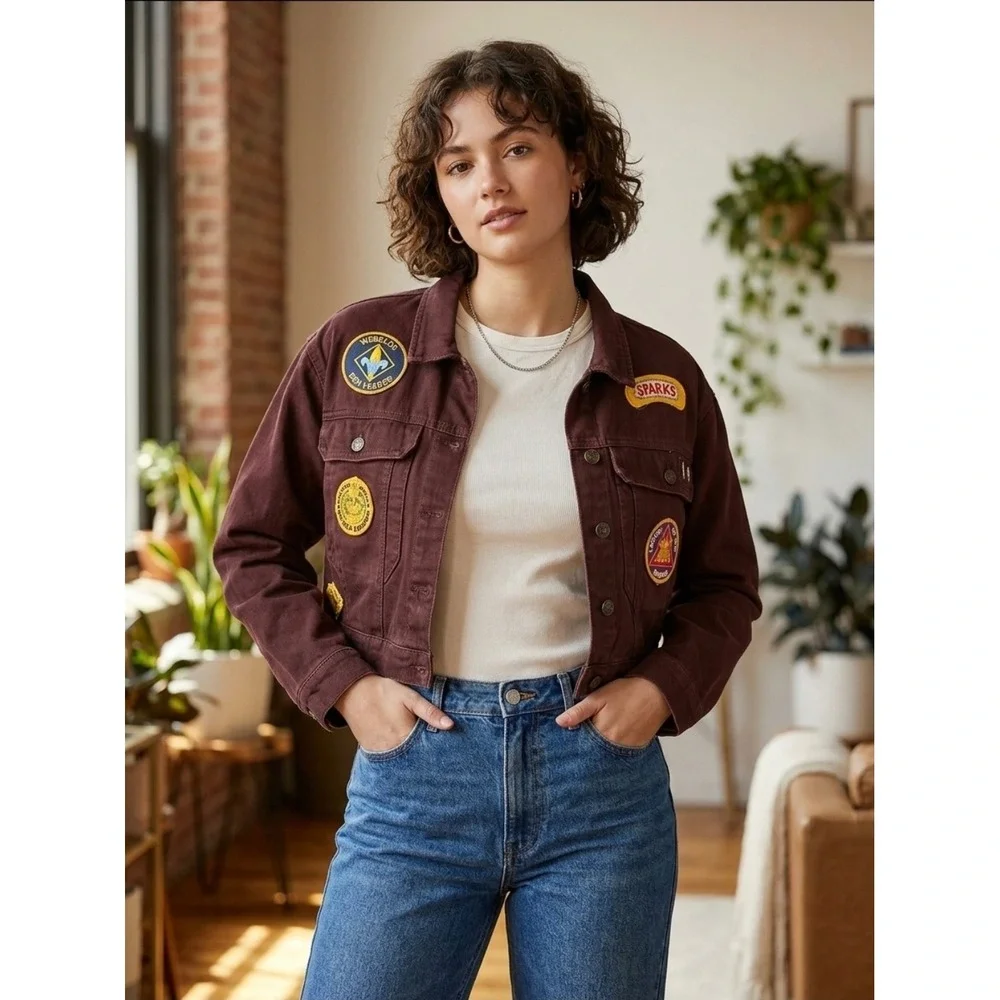 Stoosh Patchwork Denim Jacket Women Sz‎ L Brown Cropped Scout Patches Streetwear